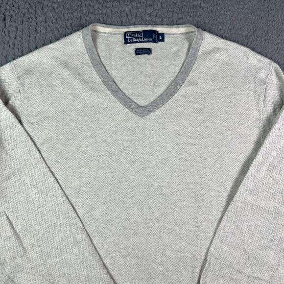 Polo Ralph Lauren Sweater Mens L Gray Cashmere Herringbone V-neck Lightweight - Picture 1 of 8